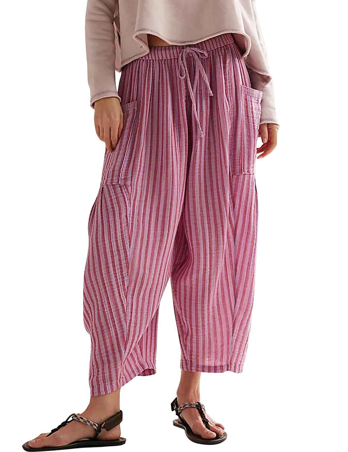 

2026 Women s Striped Elastic Waist Cropped Pleated Pants - Breathable Casual Spring/Autumn Wear Large