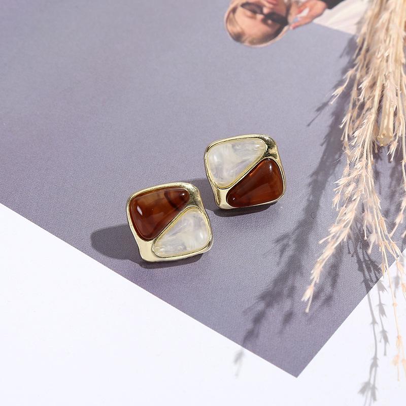 Amber Geometric Color Block Square Stud Earrings - 925 Sterling Silver, Trendy and Versatile