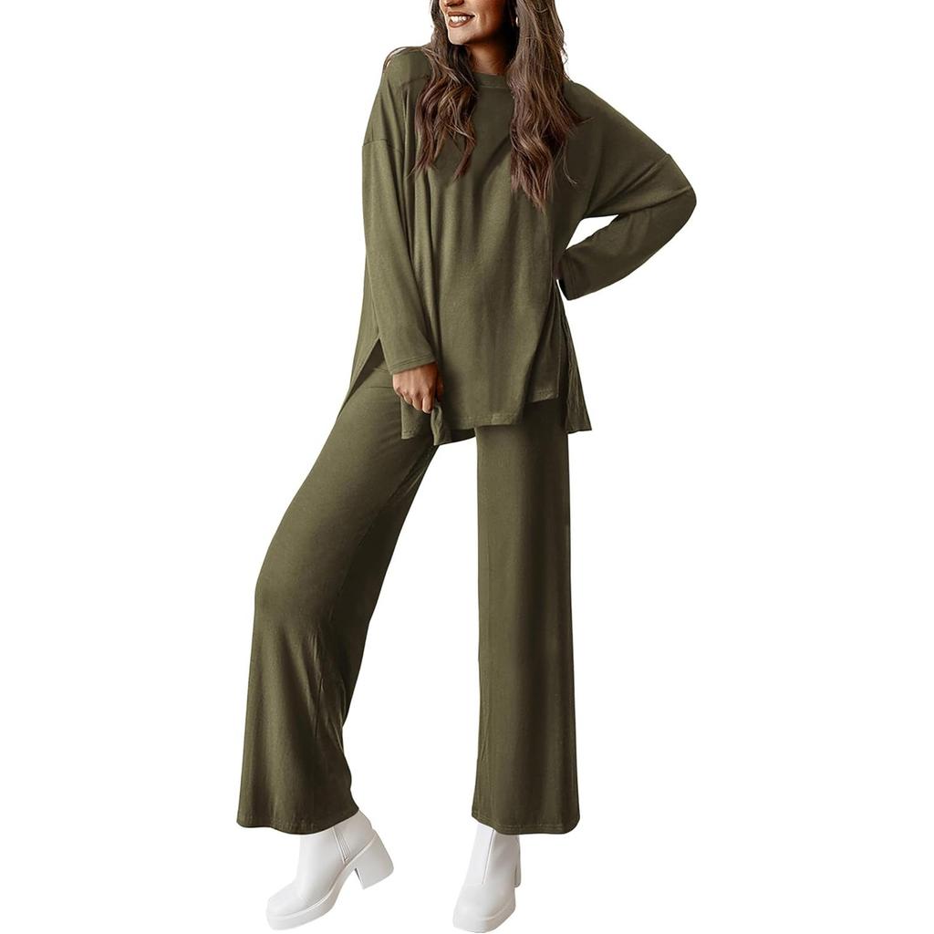 Completo Due Pezzi Moda da Donna a Vestibilità Larga, Colore Unico, Scollo Tondo Spaccato, Maniche Lunghe, Pantaloni Lunghi