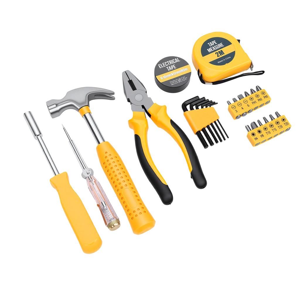 24 Piece Hand Repair Tool Kit Non Slip Handle Pliers Hex Wrenches Short Screwdriver Bits Tape Measure for Home Use