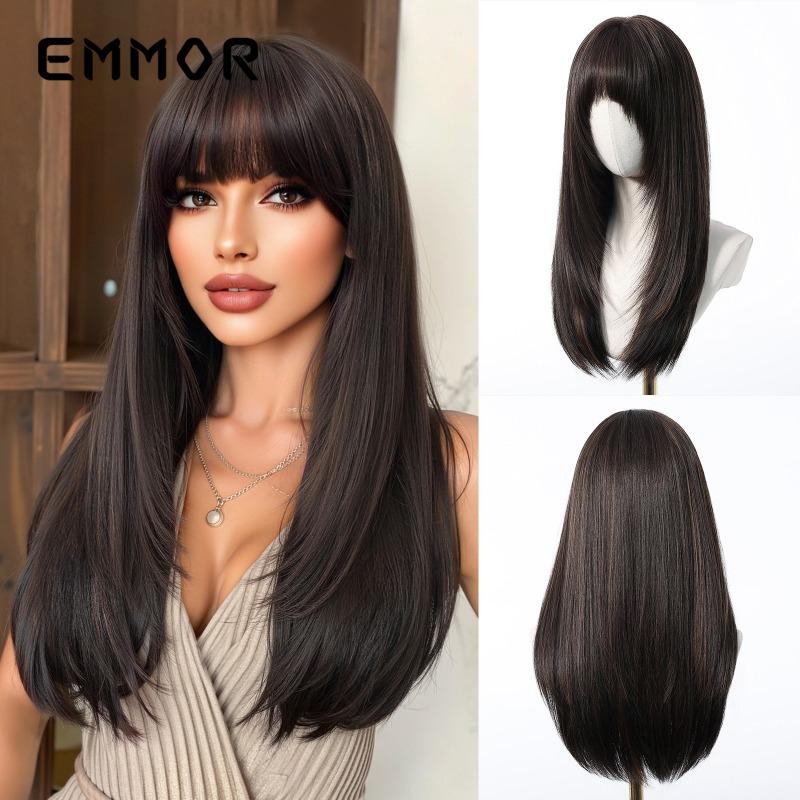 Hot Selling Qi Bangs Layer Medium Long Straight Hair Highlights Brown Fashion Wig Full Head Hairstyle Factory Direct Sales