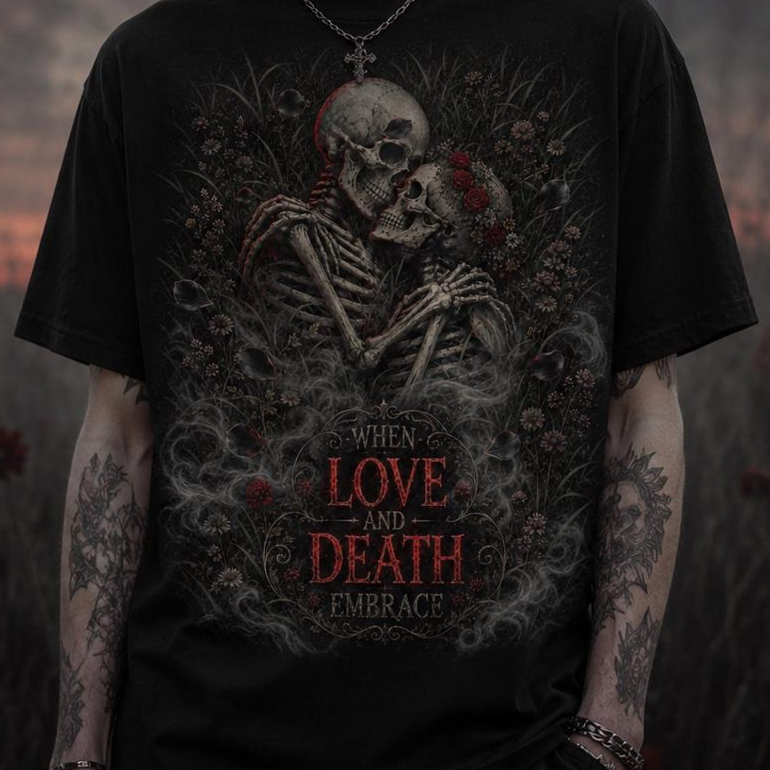 Gothic Skeleton Lovers T-Shirt | Dark Romantic Floral Graphic Tee 2XL