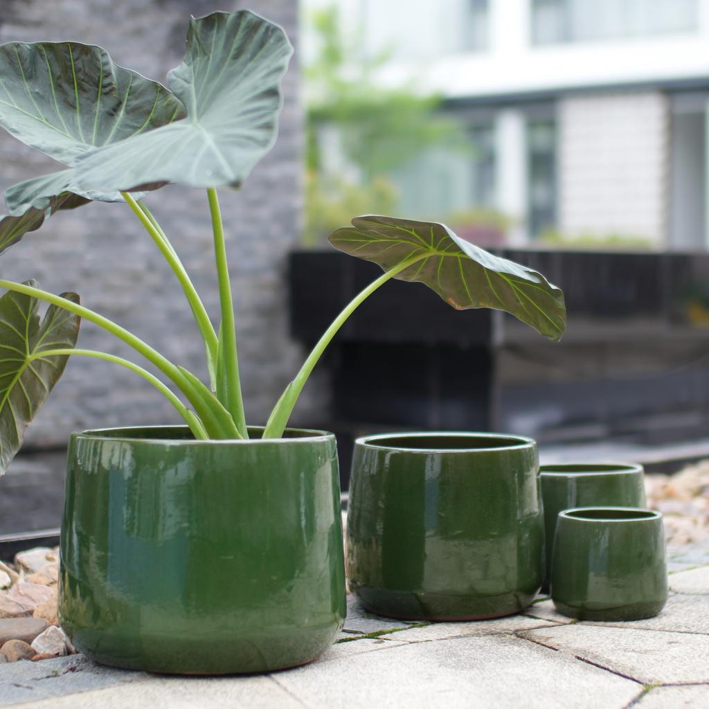Handmade Ceramic Plant Pot Set 4-Piece (33/26/20/15 cm), Glossy Dark Green Glaze, Breathable, Frost-Resistant, Drainage Holes for Garden & Balcony