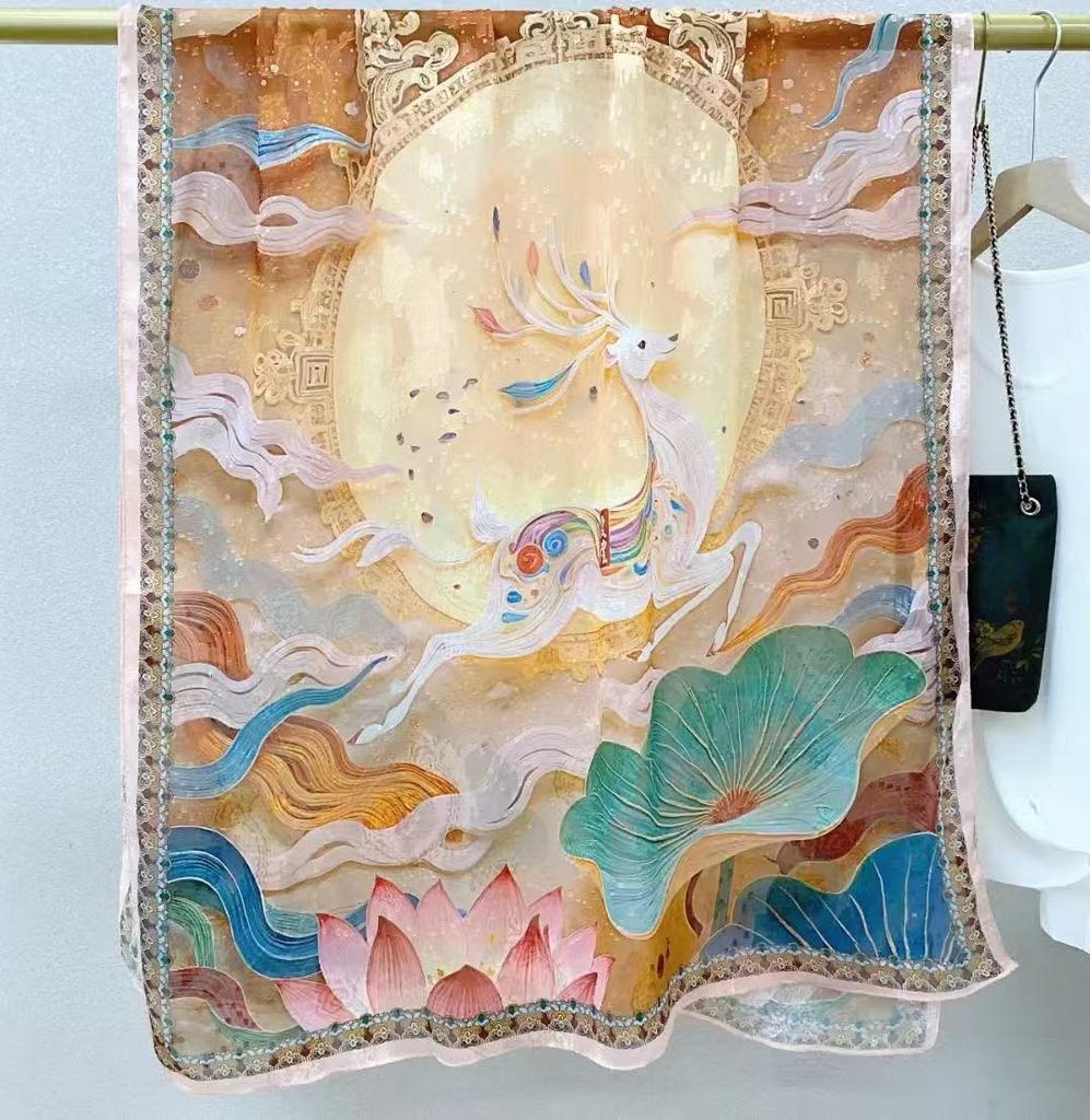 Dunhuang Cut Flower Fragrant Cloud Yarn 180 * 70 Long Towel Single-Sided Printing Shawl Versatile Fashion Sunscreen Shawl