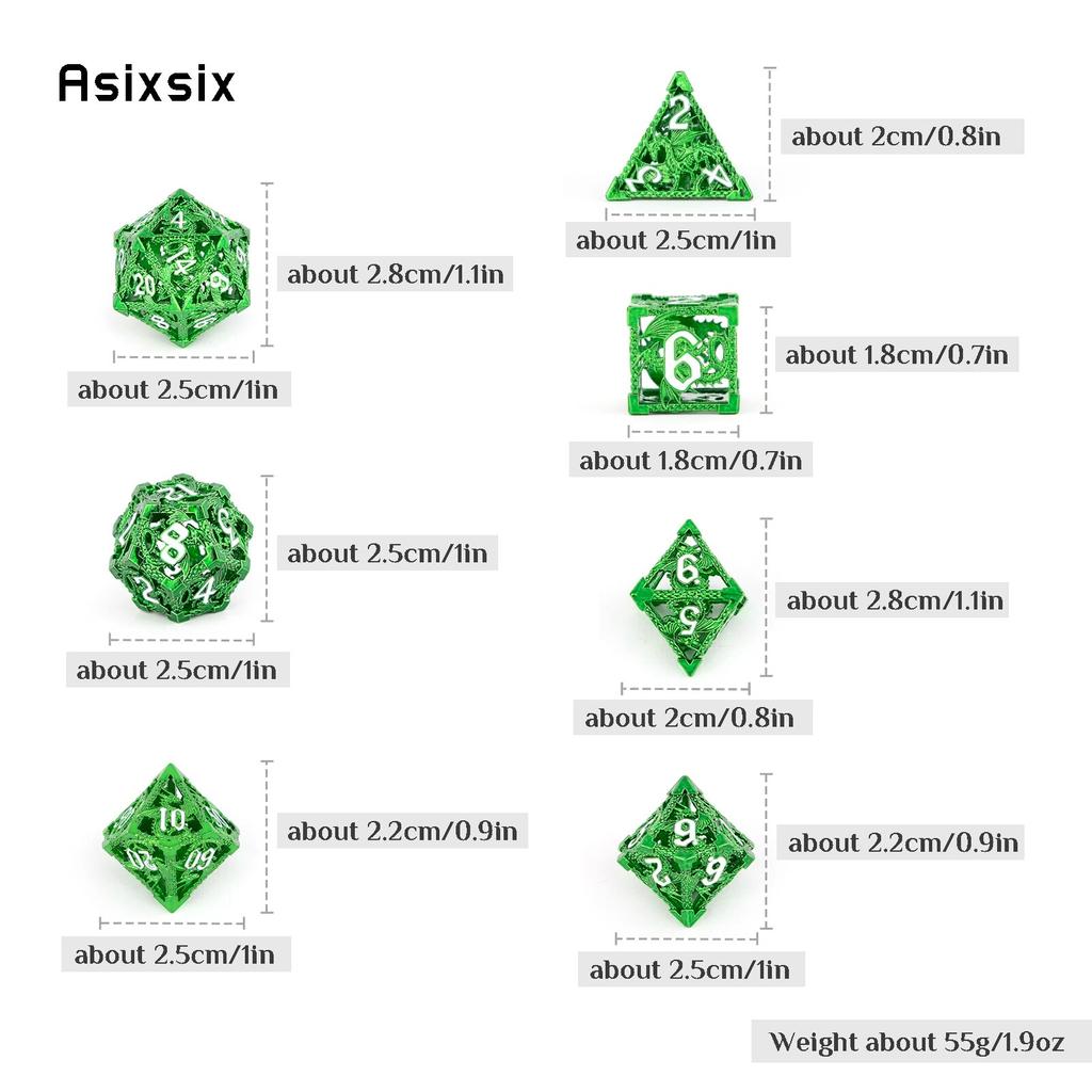7 szt. Zielone Metalowe Kostki Latającego Smoka Puste Metalowe Wielościenne Kostki Zestaw Odpowiedni do Gry Fabularnej RPG Gry Planszowej Gry Karcianej