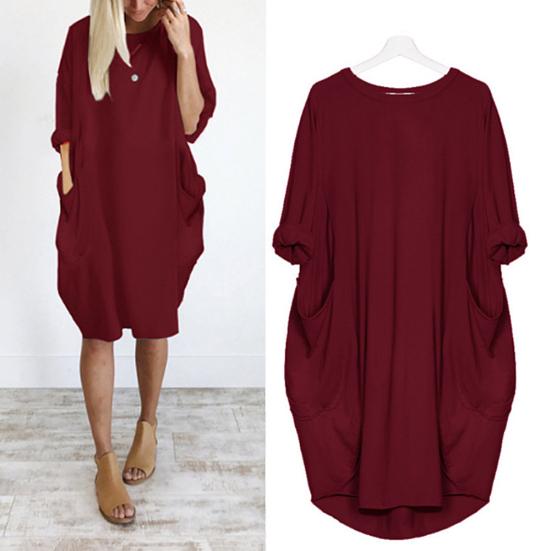 Plus Size Casual Solid Color Women Long Sleeve Loose Midi Dress with Pockets