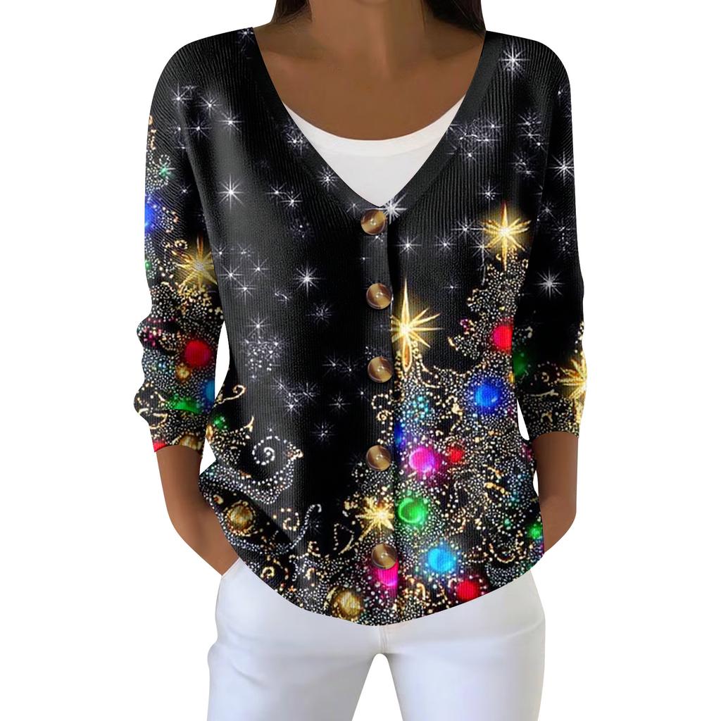 Women's Fashion Long Sleeve Christmas Snowman Snowflake Print Jacket Cardigan
