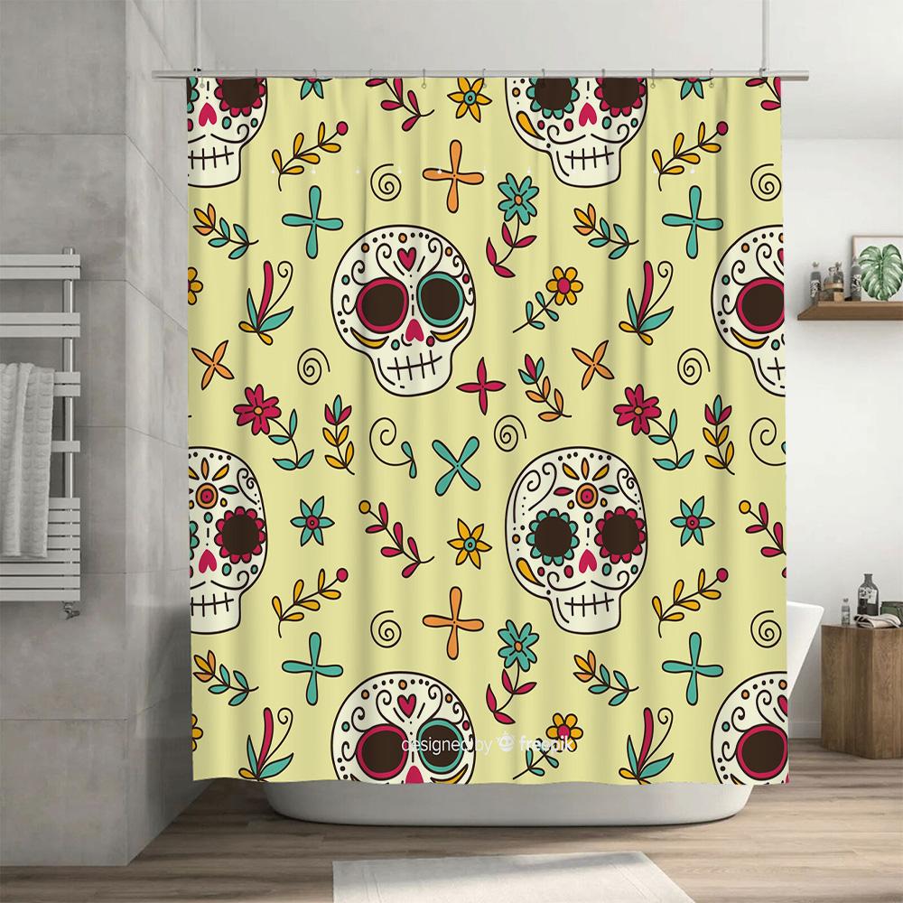 Skull Pattern Shower Curtain Decorative Fabric Waterproof Bath Rug Bag for Home Bathroom Accessories in Yellow/White Colors
