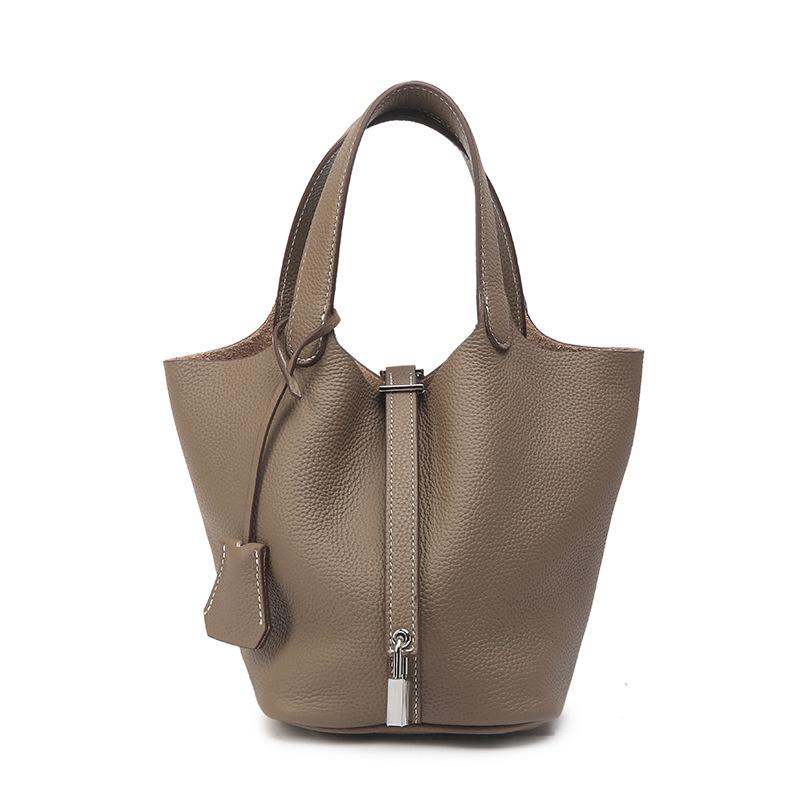 Genuine Leather Large-capacity Vegetable Basket Women's Bag High-quality and Exquisite Lychee Pattern Hand-held Bucket Bag