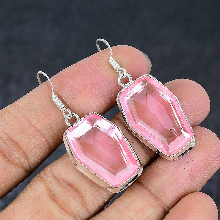 Rosa Kunzit Ädelsten 925 Sterlingsilver Smycke Örhänge 1.77"