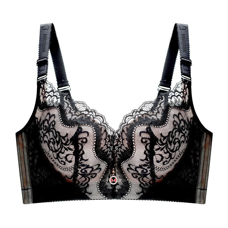 

Кружевной бюстгальтер оверсайз со сборками из стальных колец, полипропиленовым принтом в виде пальм сверху, поддерживающим большим женским бельем 44/100C черный бин