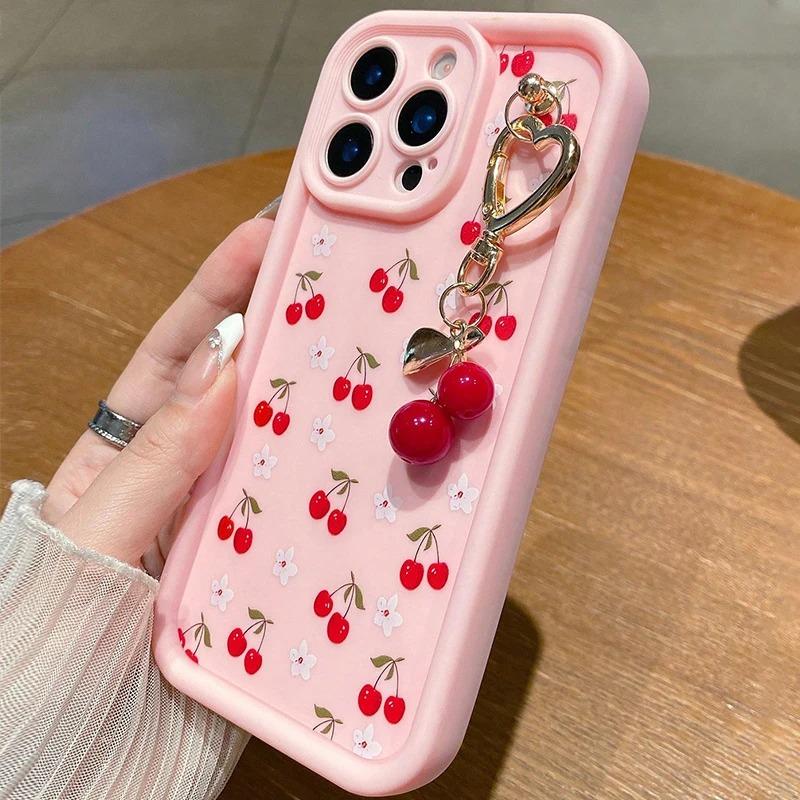 Red Cherry Pattern Silicone Phone Case For 17 16 15 14 13 12 11 Pro Max 17 Air 16E XS X XR 7 8 Plus Cherry Chain Cover