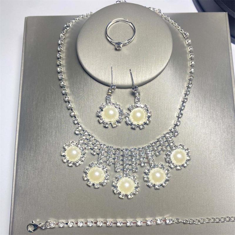 Bridal Pearl Necklace Banquet Dress Rhinestone Earrings Bracelet Ring Four-Piece Set Jewelry Dress