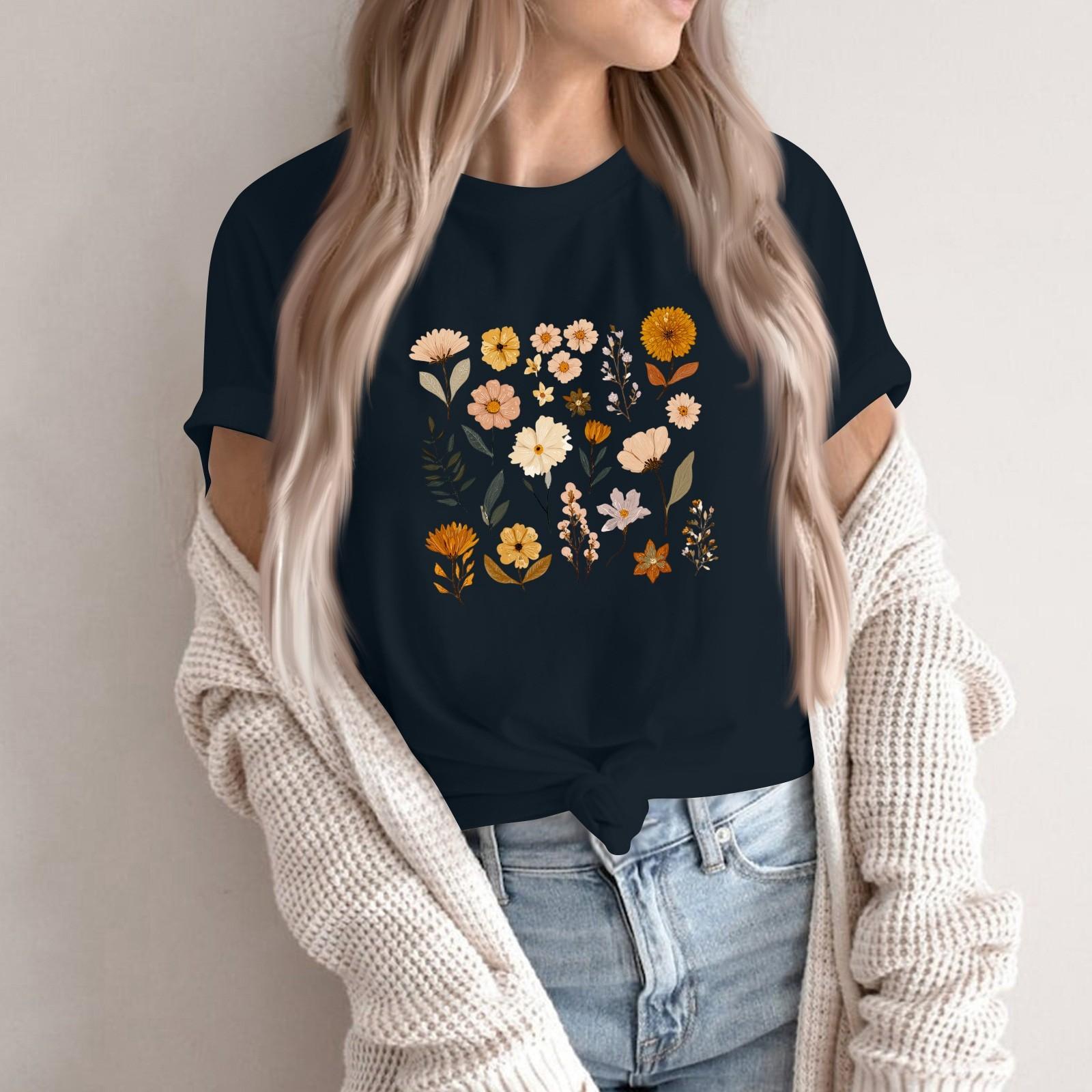 

Women s Fashion Casual Printed Round Neck Short Sleeved Pullover T-Shirt Top L тёмно-синий