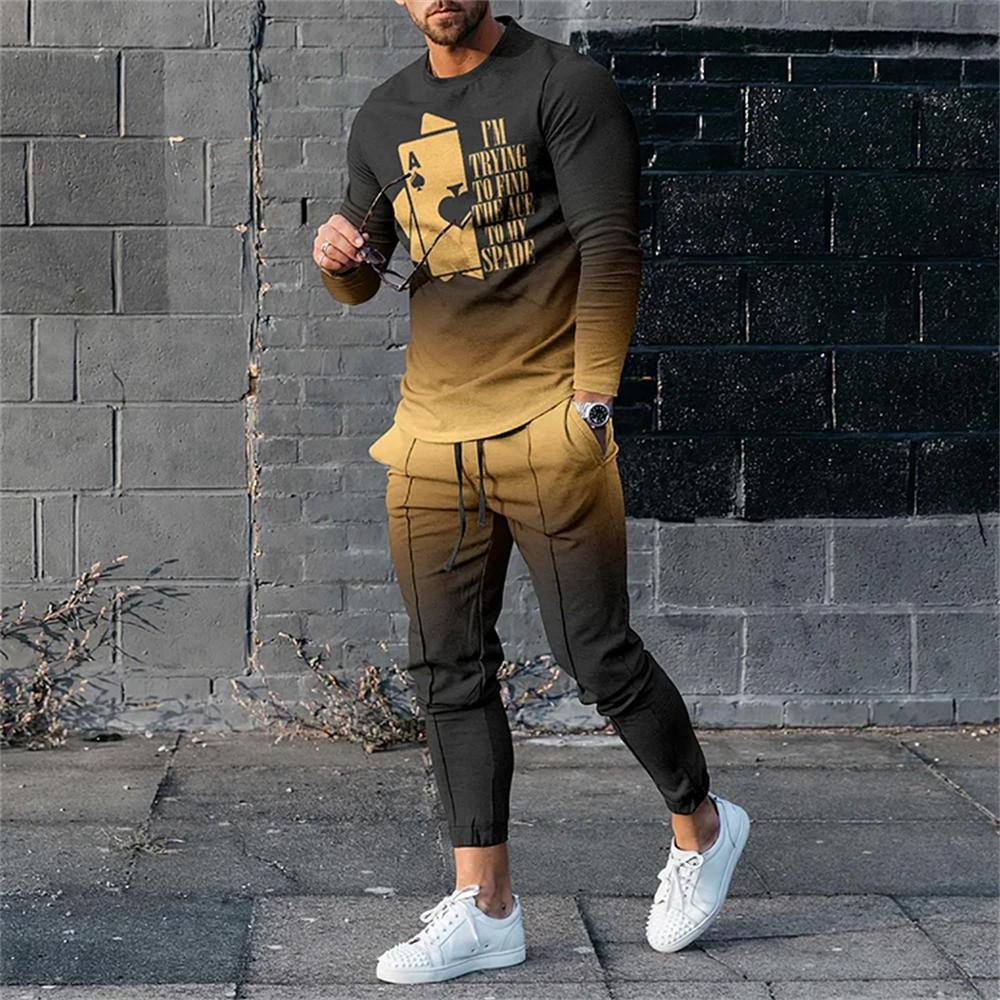 2024 Men High Quality Long Sleeve Set For Man Fashion Summer Design Printed T-Shirt Long Pants 2Pcs Outfit Clothing Sport Suit