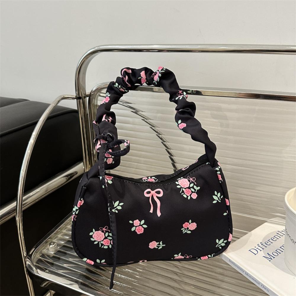 Sweet Nylon Handbag Bowknot Floral Shoulder Bag Korean Style Flower Pleated Underarm Bag Summer