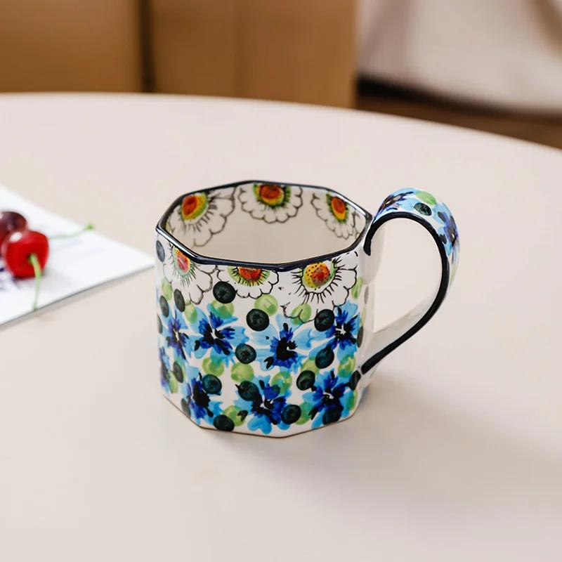 400ML Retro Blumenbecher Keramik Kaffeetasse Polygon Milchteetasse Küchenbar Zubehör Frühstück Milchbecher Büro Trinkbecher