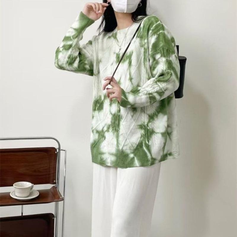 Contrasting Color Tie-dye Design, High-end Round Neck Casual Pullover, Autumn and Winter Large-size Knitted Sweater for Women