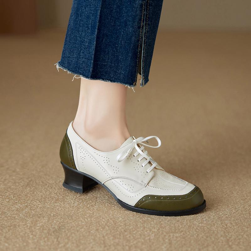 Fashion New Genuine Leather Women High Heel Shoes Lace Up Classic Round Toe Mid Heels Shoes Casual Loafers Office Lady Dress Size 34-40