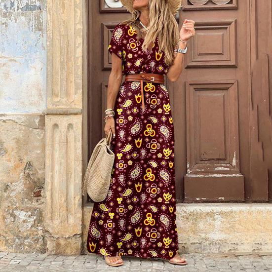 Boho Women Dress Paisley Print Large Hem Short Sleeve Slit Hem Maxi Dress with Belt for Work