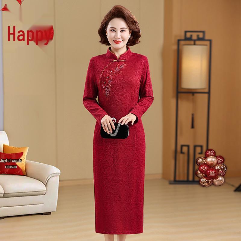 

Elegant Spring Formal Dress for Mothers and Mother-in-Laws: 2026 New Arrivals for Middle-aged & Elderly Women - Perfect for Weddings & Banquets 5XL (145-160 jin) вино красного