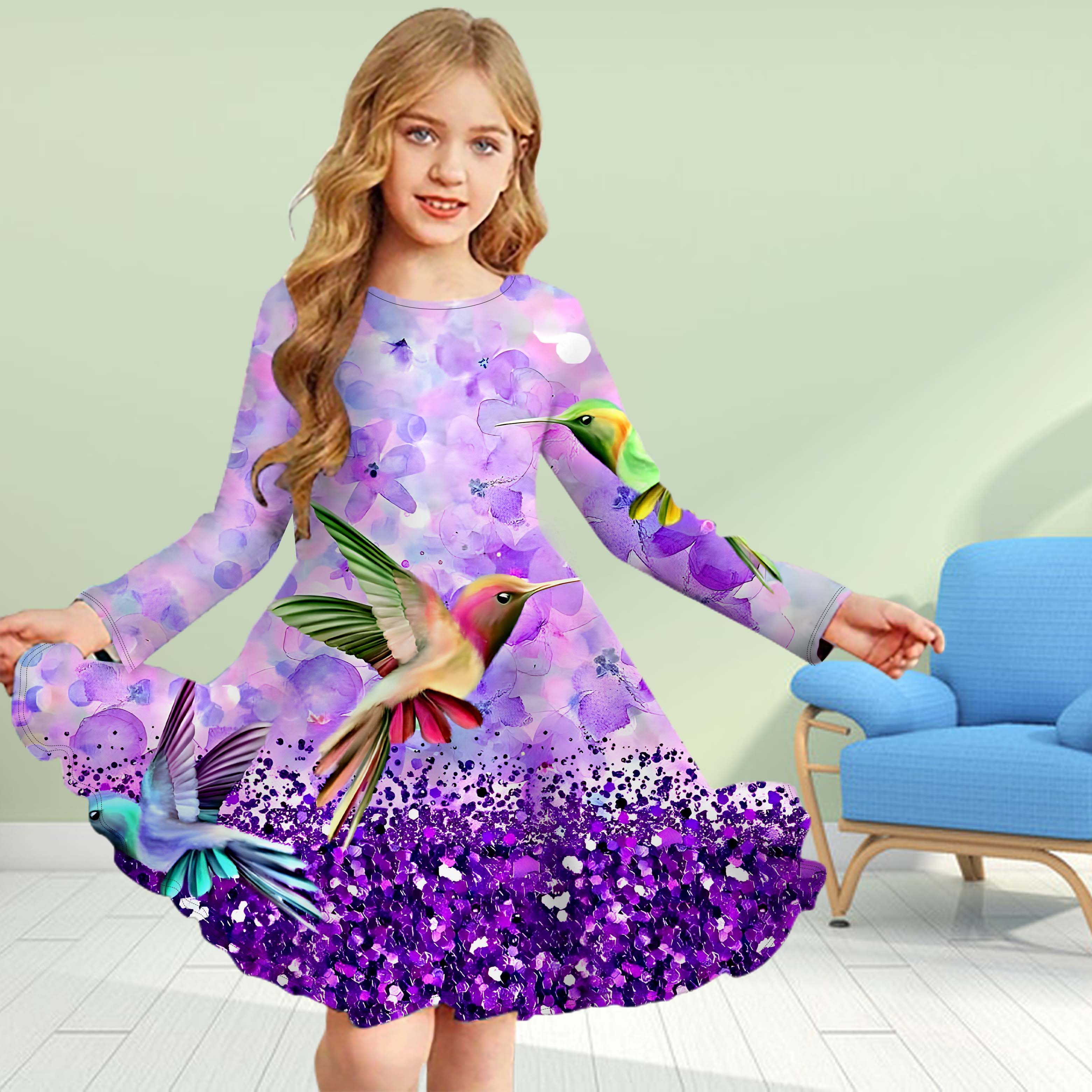 

Повседневное платье для девочек с 3D-принтом, синее платье с круглым вырезом и длинными рукавами, детское платье принцессы 140 фиолетовый