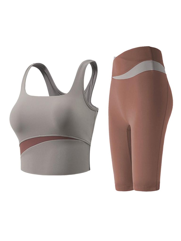 Women's Quick-Dry Fitness Set: Color Block Sports Bra & Five-Point Yoga Pants, Two-Piece for Running & Training
