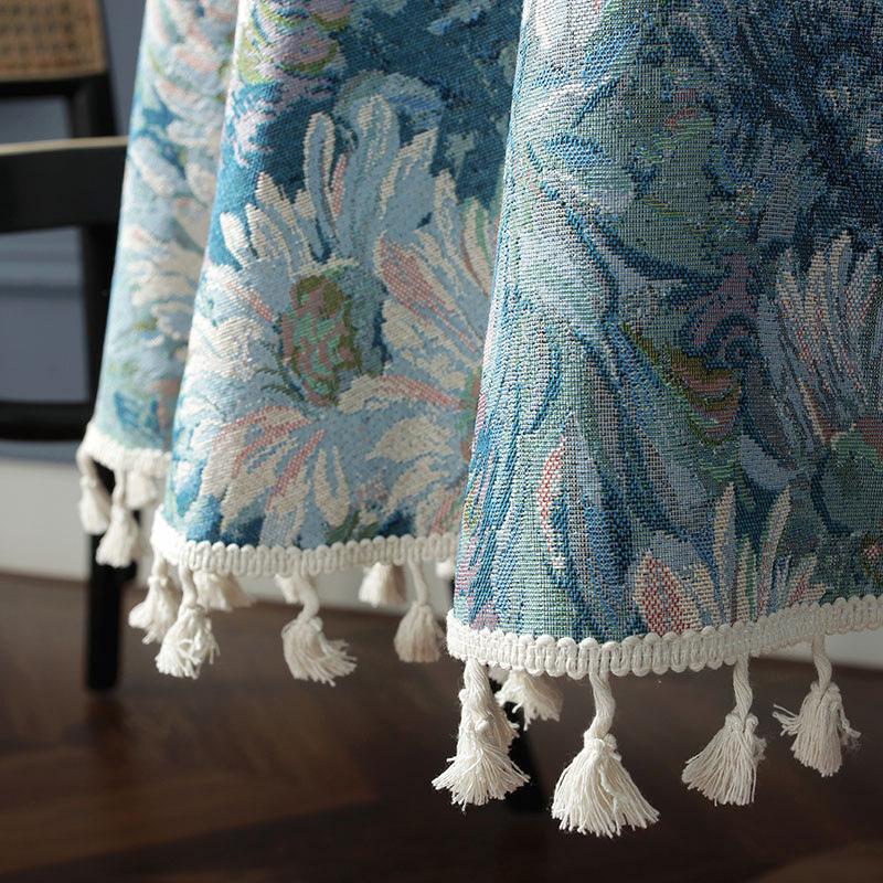 Yarn-Dyed Large Blue Floral Tassel Table Cloth American Style Oil Painting Household Circular Tablecloth Tea Table Cover Towel