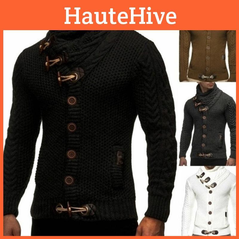Elegant Men Long Sleeve Knitted Sweater With Horn Buttons And Turtleneck Coat Cardigan