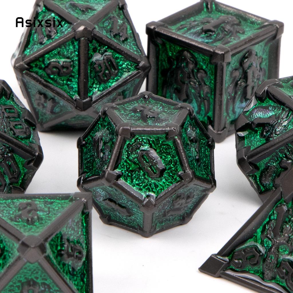 7 Pcs Black Green Skull Metal Dice Solid Metal Polyhedral Dice Set Suitable for Role-Playing RPG Board Game Card Game