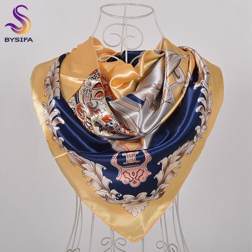 BYSIFA|Navy Blue Pink Silk Square Scarf Printed Women Brand Satin Scarves Shawls China Style Peach Blossom Design Head Scarf