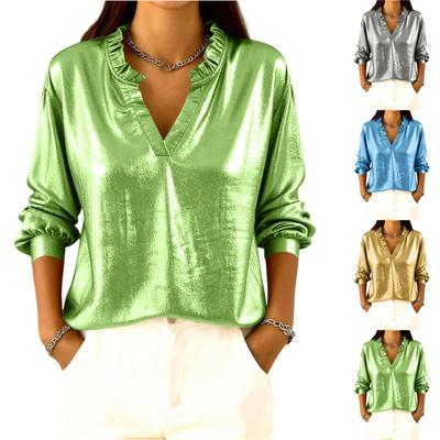 Chemise Blouse Casual pour Femme en Forme de Feuille à Col en V Coupe Ample Manches Longues -couleur
