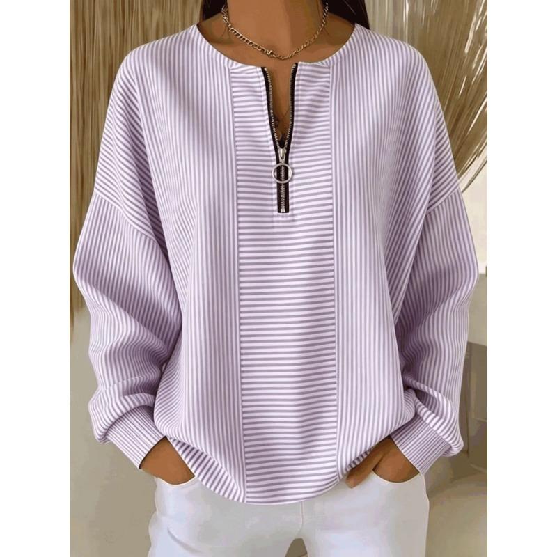 Women S Retro Casual Striped Long Sleeve Zip Shirt S
