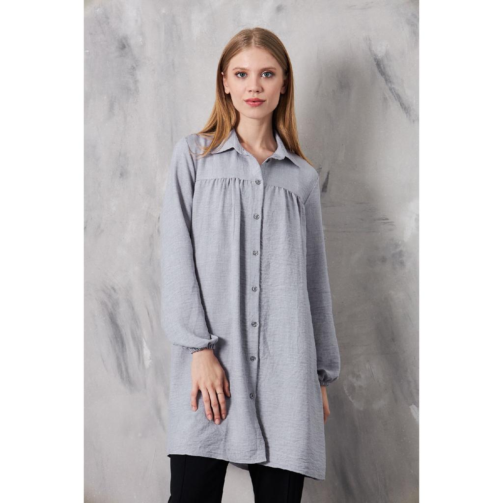 Women's Imported Linen Tunic Shirt With Gathered Front And Elastic Sleeves