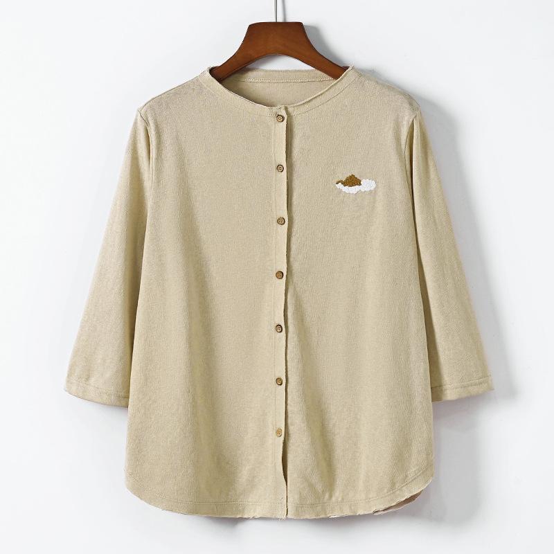 

Johnature женские трикотажные рубашки с вышивкой топы с круглым вырезом на пуговицах из смеси хлопка весенние однотонные повседневные мягкие женские рубашки XXL светло-зеленый