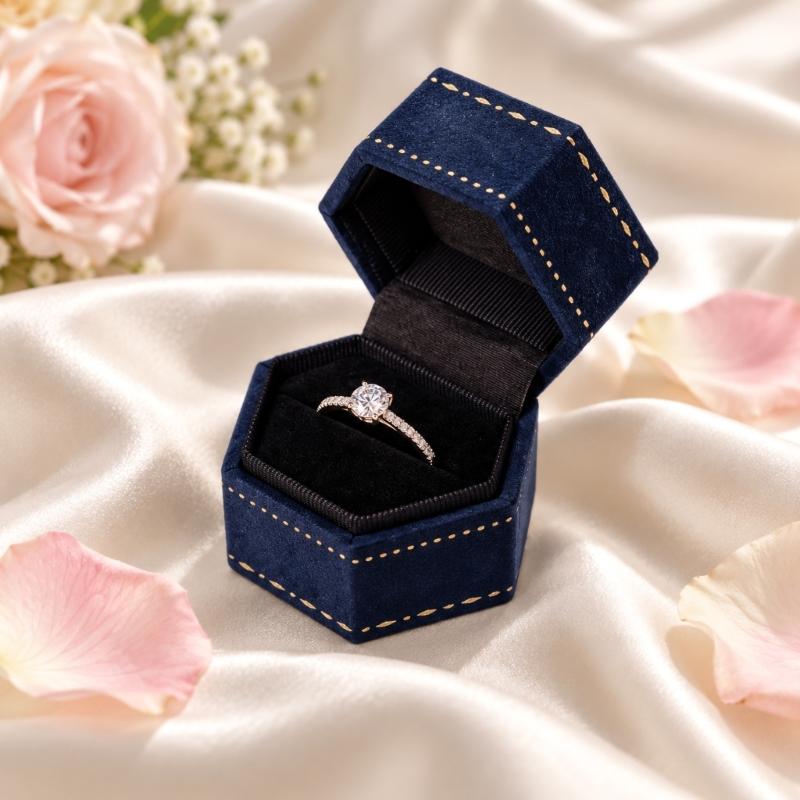 Hexagonal Ring Presentation Box with Black Interior, Gold-Tone Border Pattern, and Attached Lid for Retail Display