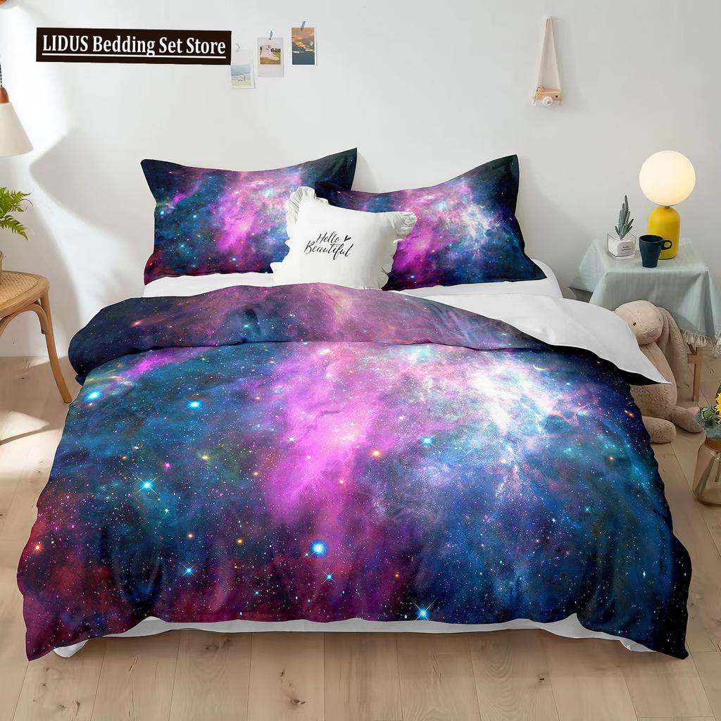 Starry Sky Polyester Duvet Cover Set King Size White Star Colourful Galaxy Starry Space Nebula Abstract Cosmos For Boy Girl Kids