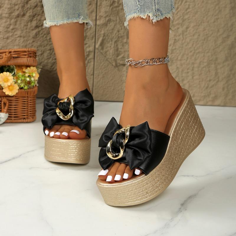 Personality Slippers, Women's Wedge Heel Bow Summer Slippers, Comfortable and Elegant, Thick-soled Women's Shoes, Large Size