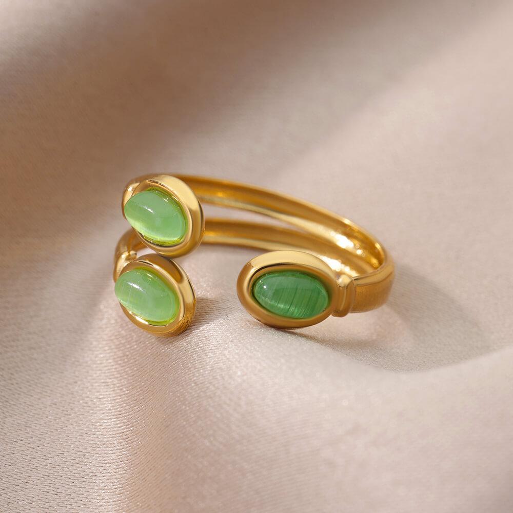 Three Layer Oval Green Stone Opening Rings For Women Stainless Steel Adjustable Opal Ring Wedding Aesthetic Jewelry Gift