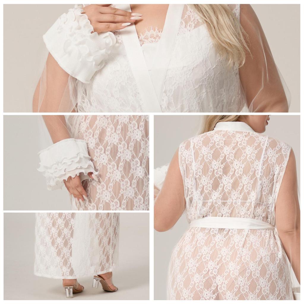 Yaoting Übergröße Damen Eisseide Spitze Langer Morgenmantel & Nachthemd (WP5014)