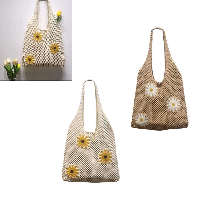 Shoulder Bag For Women Spring Summer Flowers Print Knitted Tote Bag Lightweight Travel Crochet Bag Flower Shopper Bag