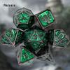 7 Pcs Black Green Skull Metal Dice Solid Metal Polyhedral Dice Set Suitable for Role-Playing RPG Board Game Card Game