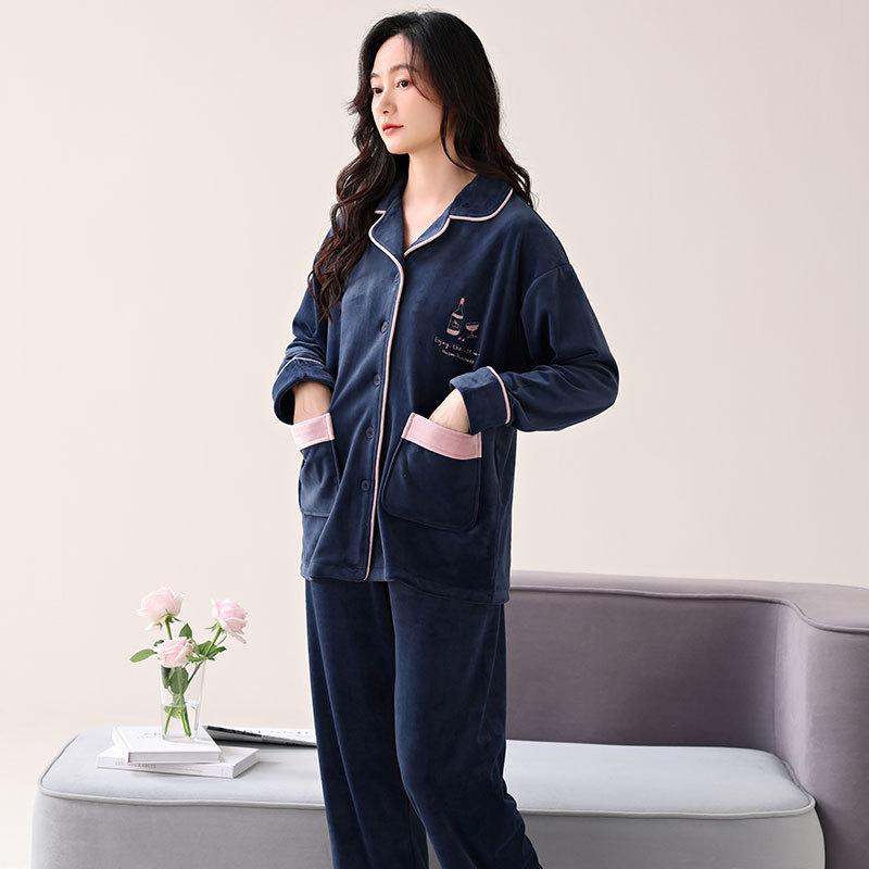 Pajamas Women'S Autumn And Winter Thickened Fleece Warm Island Fleece Coral Fleece Can Be Worn Outside Loungewear Set