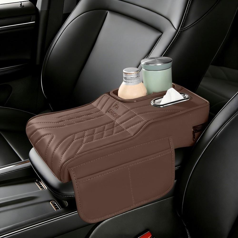 Portable Center Console Armrest Cushion PU Leather Multifunctional Car Armrest Pillow with Cup Holder Tissue Box