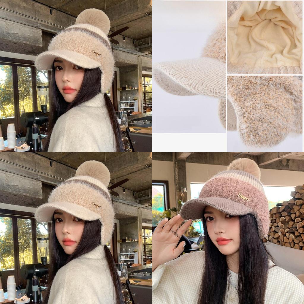 Knit Hat Women Winter Warm Woolen Earmuff Cap With Short Brim For Casual Fashion