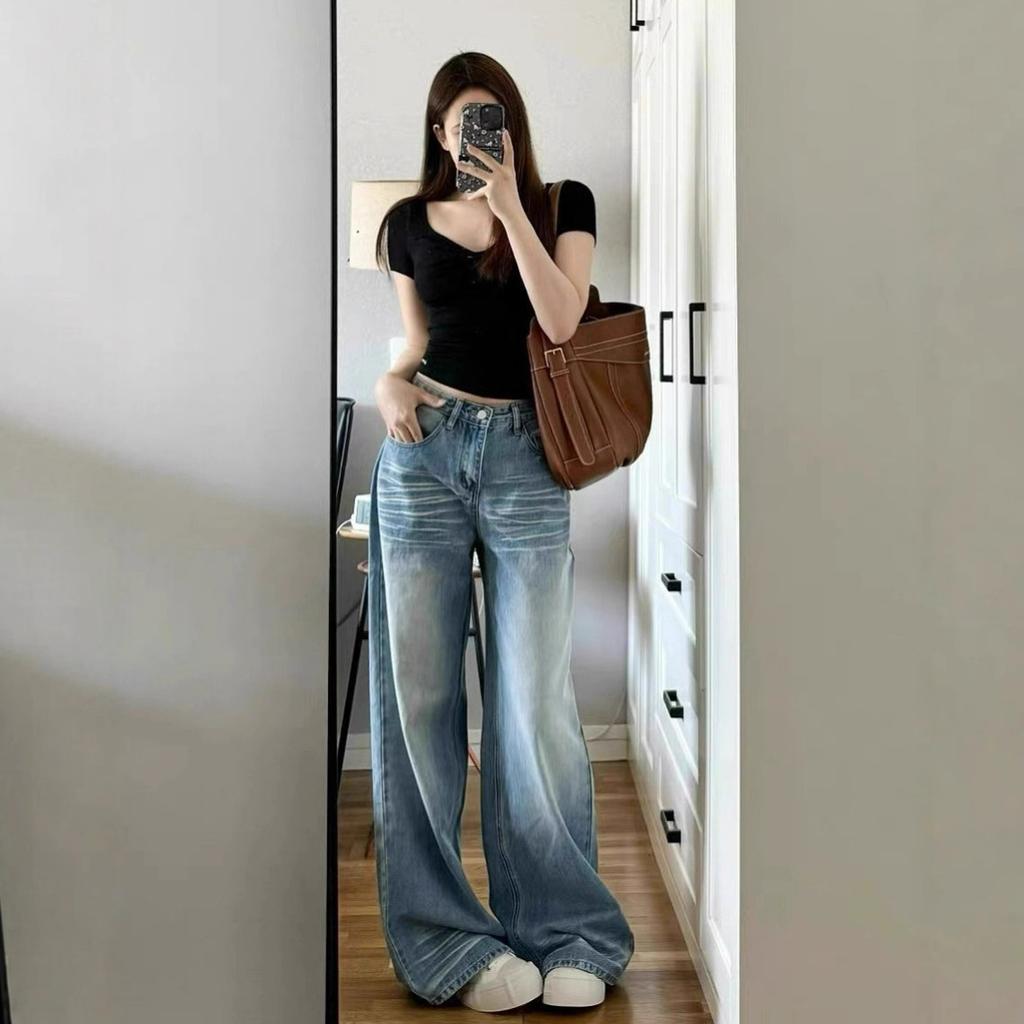 Blue Plus Size Straight Jeans Female Autumn Loose High-waisted Small Person Wide Leg Trailing Long Trousers Jeans for Women Long Denim Pants