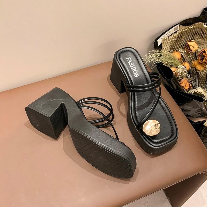 French Beautiful Set of Toe Slippers Female Summer New Internet Celebrity Fairy Style Fashion Versatile Thick Bottom Square Head High Heel Sandals