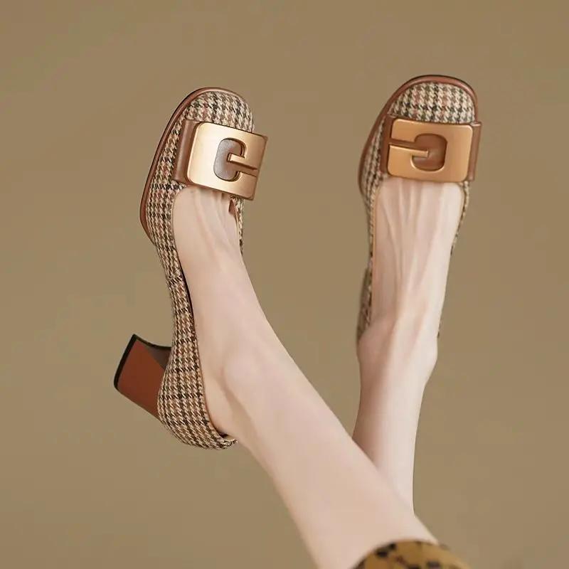 Fashion Square Toe Metal Decoration Chunky Heels Office Women's Shoes Pumps Block Heel On Heeled High Ladies Footwear Elegant Dress Sale