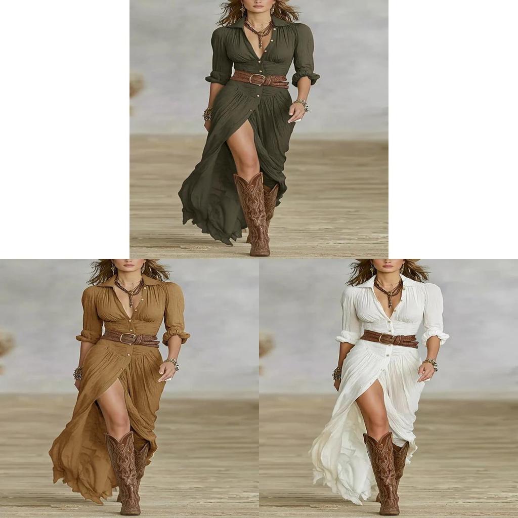 Elegante Vintage Franse Stijl V-hals Jurk met Tailleband en Lange Mouwen voor Kantoor en Casual