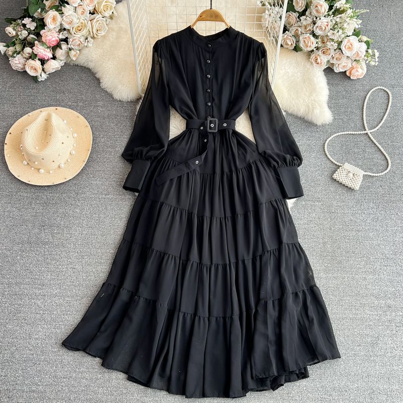 

Spring and Autumn Lantern A- line Elegance Large Swing Dress Black All yards